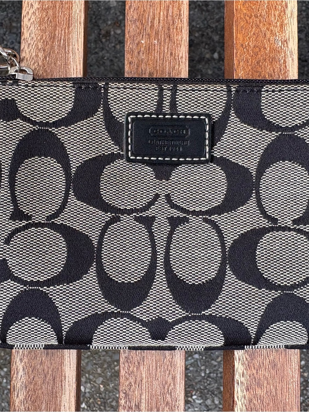 Coach F45608 Signature Stripe Wristlet Black White Est 1941 Patch Excellent